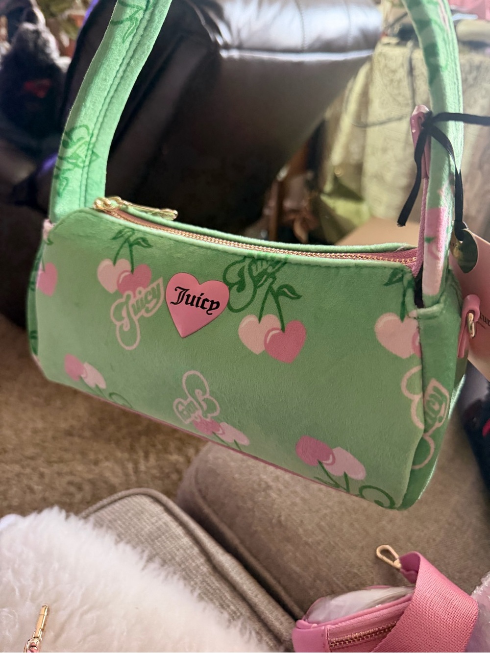 Juicy Couture Green Mini Shoulder Bag with Pink Heart Print